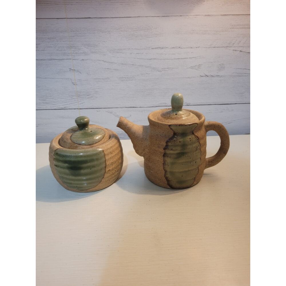 Vintage Pottery Sugar & Creamer Server Set Brown Glaze w/ Green Drip